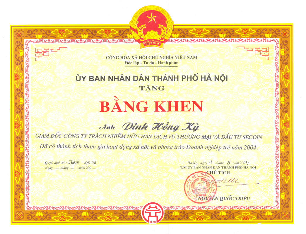 Bằng khen của Ủy ban nhân dân thành phố Hà Nội  trao tặng ông Đinh Hồng Kỳ
