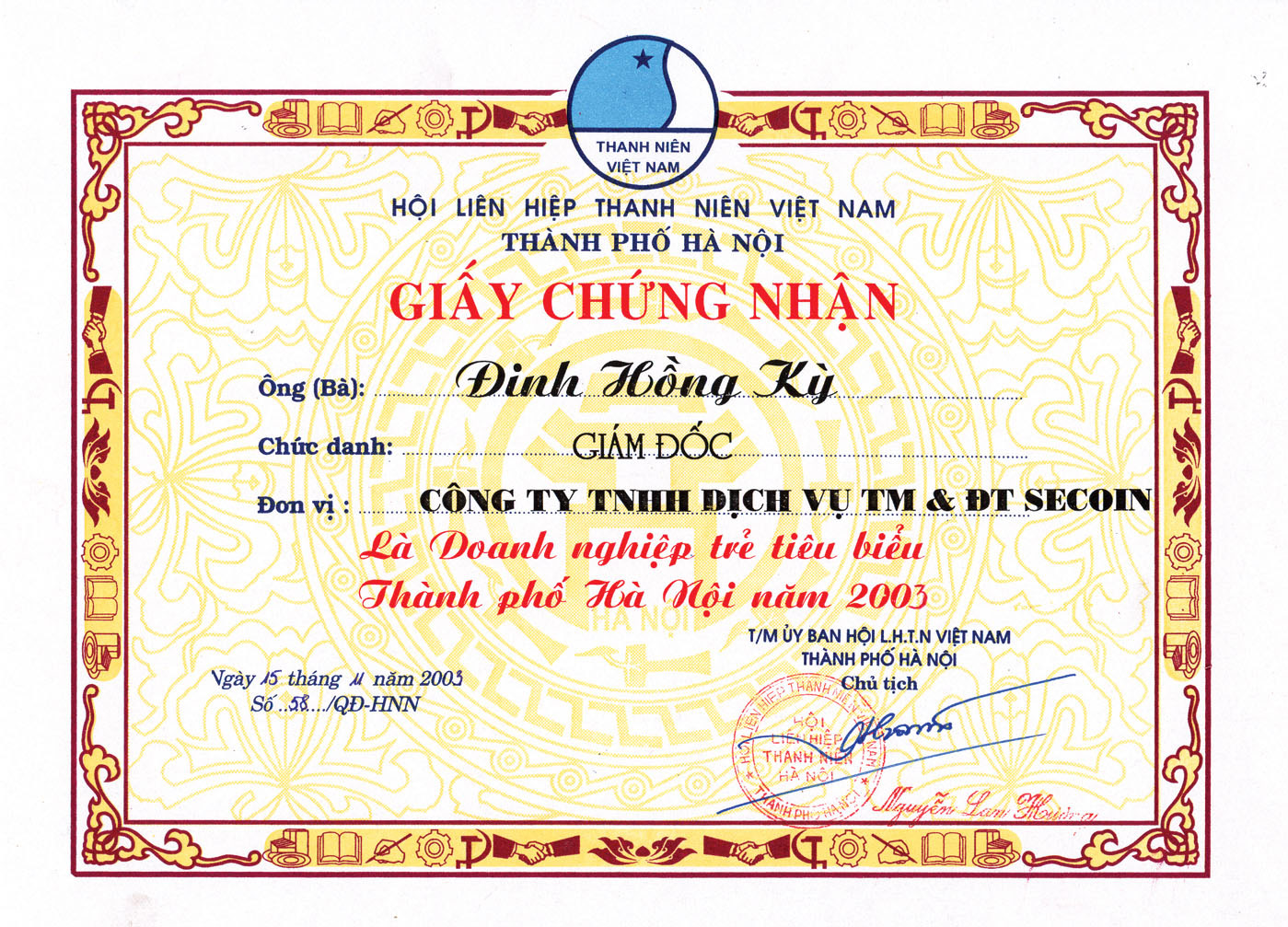 Hội liên hiệp thanh niên Việt Nam Tp. Hà Nội  chứng nhận Ông Đinh Hồng Kỳ