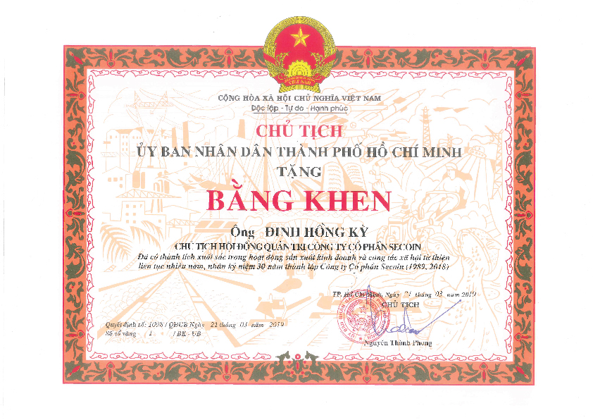  Bằng khen của Chủ tịch Ủy ban nhân dân Thành phố Hồ Chí Minh trao tặng Ông Đinh Hồng Kỳ