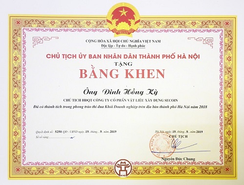 Bằng khen của Chủ tịch UBND Thành phố Hà Nội khen tặng Ông Đinh Hồng kỳ